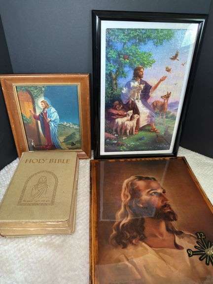 Vintage KJV Bible, Vintage Jesus Print Clock, Wooden Prayer Plaque & other Jesus Decor