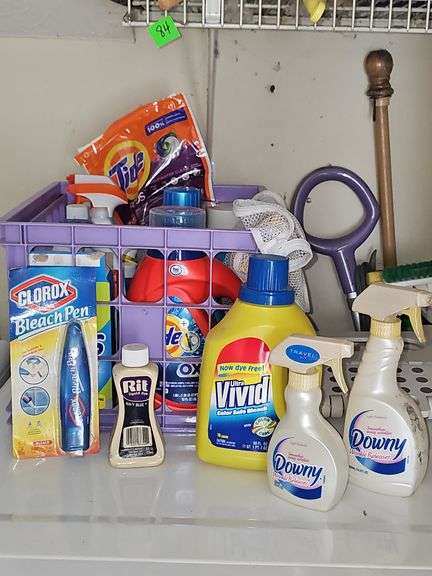 Shelf contents and cleaning supplies