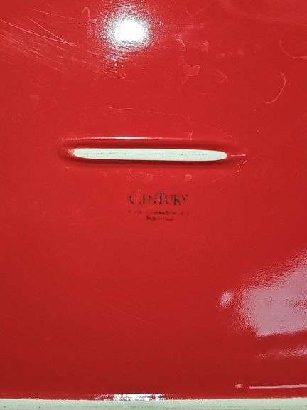 Red and white casserole dish.
