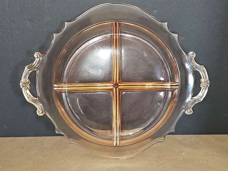 VINTAGE 4 Part Pink Depression Glass RELISH Dish with Handles