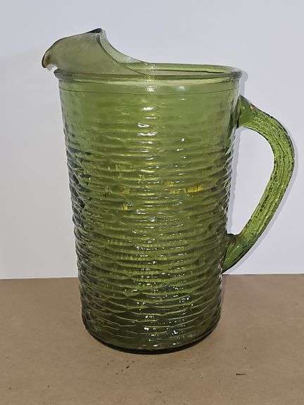 Vintage Mid Century Modern Avocado Green Glass Pitcher Anchor Hocking Sereno