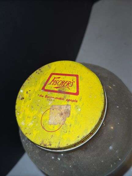 Vintage jar with Fischers yellow lid