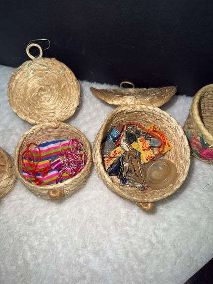 Folk art straw dolls, letter opener, & mini baskets