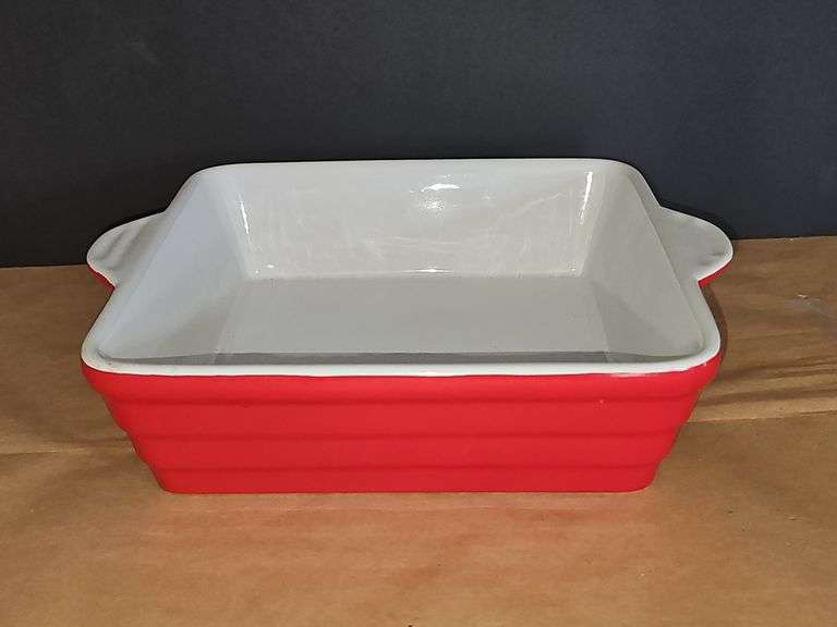 Red and white casserole dish.