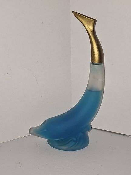 Vintage Avon Frosted Glass Dolphin Bottle W/ Gold Screw On Tail