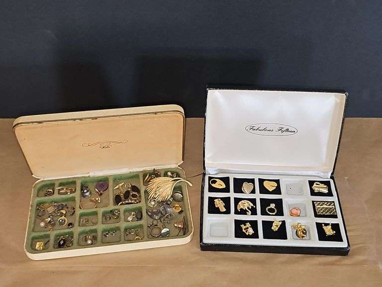 Vintage jewelry box and jewelry & brown boxes with pins