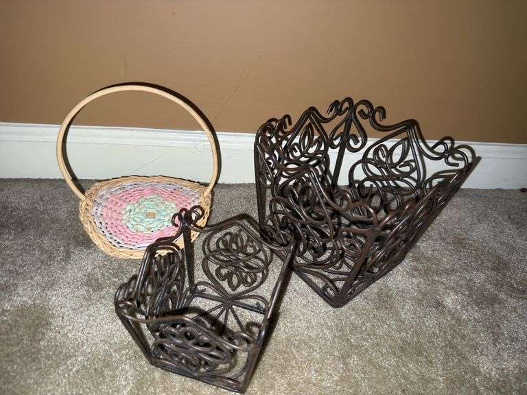 Wooden tray, metal basket, & wicker baskets.