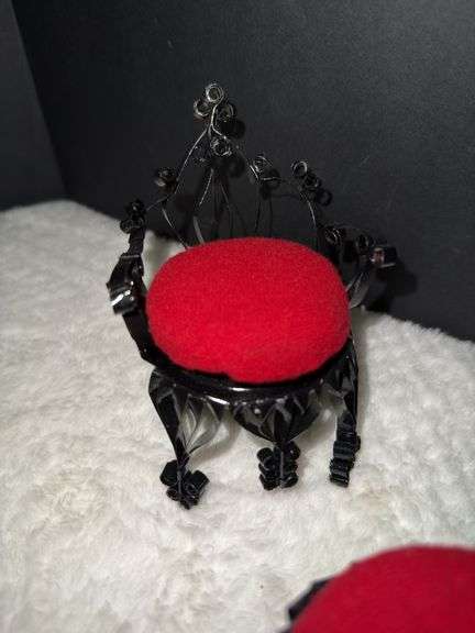 Vintage Tin Can Tramp Folk Art Pin Cushion Chair With Red Seats