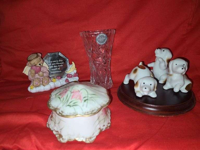 The Wheeling Co. jewlerybox, minature cut glass vase, and more.
