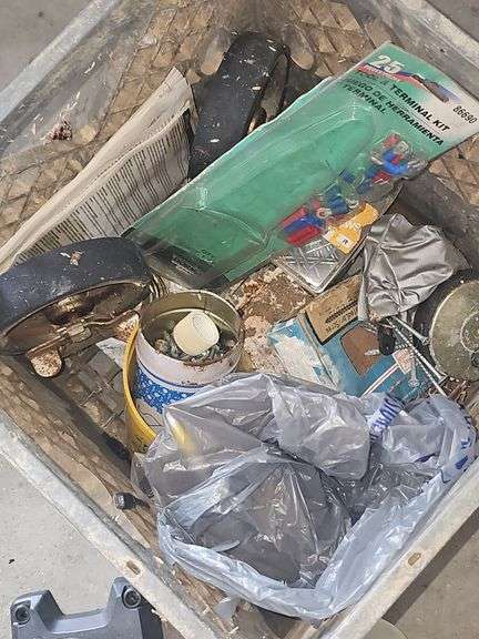 Gray crate of office supplies & misc items orange crate of house repair items