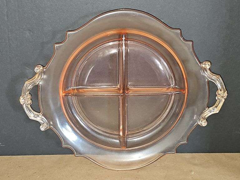 VINTAGE 4 Part Pink Depression Glass RELISH Dish with Handles