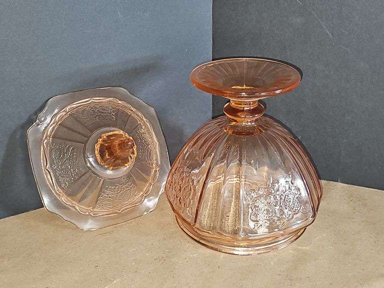 Pink depression glass candy dish
