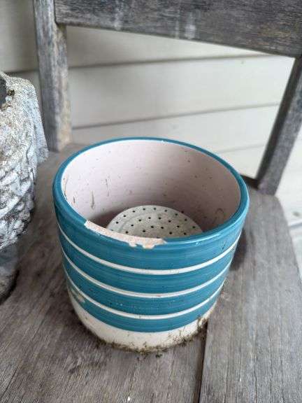 Small child's chair/display chair, concrete,  porcelain planters & more.