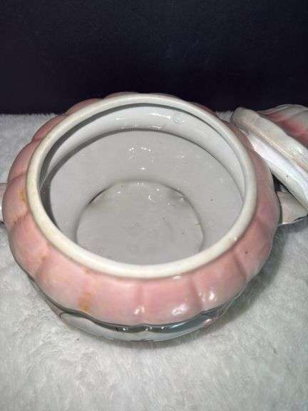 Vintage Lusterware Footed Trinket Dish & Vintage Porcelain Trinket Box with Pins