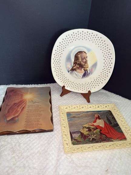 Vintage KJV Bible, Vintage Jesus Print Clock, Wooden Prayer Plaque & other Jesus Decor