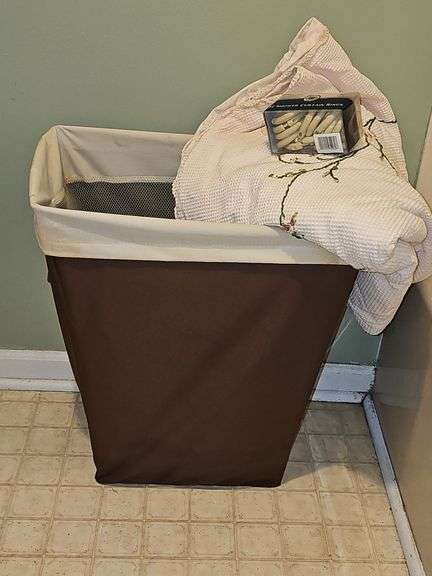 Cloth shower curtain, clothes hamper, & more.