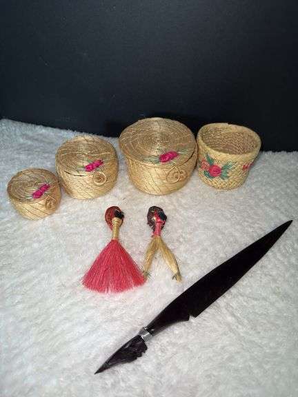 Folk art straw dolls, letter opener, & mini baskets
