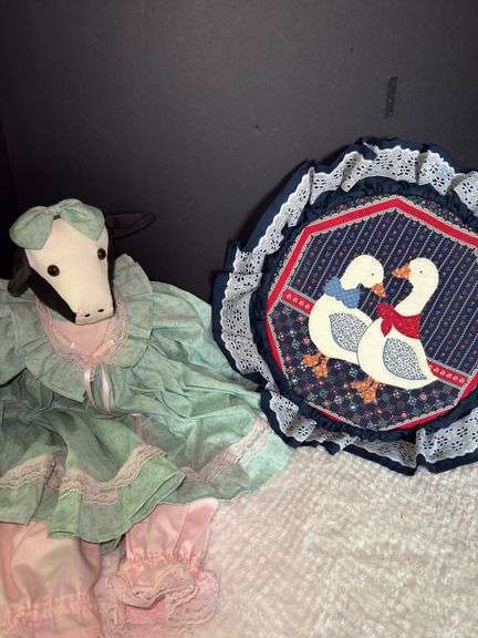 Vintage Crochet Bed Doll,  Handmade Primitive Cow & Quilting Ring with Duck Pattern fabric