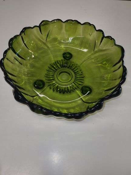 Vintage Indiana Glass Company Green Sunflower Lg 11" Footed Serving Bowl