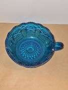Vintage Blue Glass nappy handled bowl Sawtooth rim