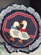 Vintage Crochet Bed Doll,  Handmade Primitive Cow & Quilting Ring with Duck Pattern fabric