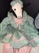 Vintage Crochet Bed Doll,  Handmade Primitive Cow & Quilting Ring with Duck Pattern fabric