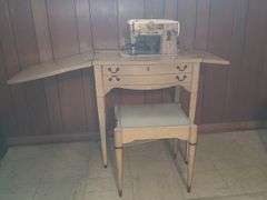 Sewing cabinet, stool, & Singer Sewing Machine
