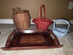 Wooden tray, metal basket, & wicker baskets.