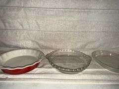 3 Vintage Clear Glass PYREX Pie Plates, Martha Stewart Pie Plate & Glass Casserole Lid