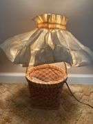 Weaved Basket Lamp with Cream Ruffled Cloth Lamp Shade