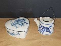 Blue & white porcelain jewelry box & blue and white porcelain watering can