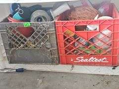 Gray crate of office supplies & misc items orange crate of house repair items