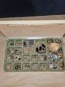 Vintage jewelry box and jewelry & brown boxes with pins