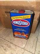 Gas can, Antifreeze,  & box of misc items.