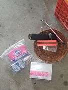 Gray crate of office supplies & misc items orange crate of house repair items
