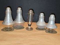 Metal & glass salt/pepper shakers & toothpick holder