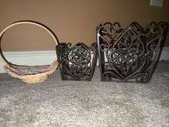 Wooden tray, metal basket, & wicker baskets.