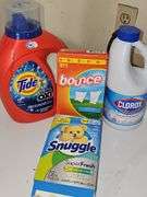 Shelf contents and cleaning supplies