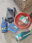Gray crate of office supplies & misc items orange crate of house repair items