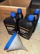 Gas can, Antifreeze,  & box of misc items.