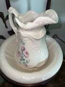 Antique Wash Stand with Mirror, Pitcher & Bowl Set