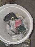 Gray crate of office supplies & misc items orange crate of house repair items