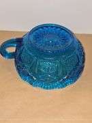 Vintage Blue Glass nappy handled bowl Sawtooth rim