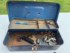 Small vintage metal toolbox and contents.