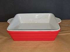 Red and white casserole dish.