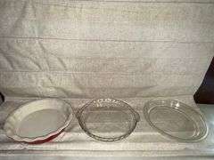 3 Vintage Clear Glass PYREX Pie Plates, Martha Stewart Pie Plate & Glass Casserole Lid