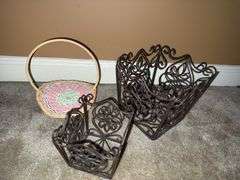 Wooden tray, metal basket, & wicker baskets.