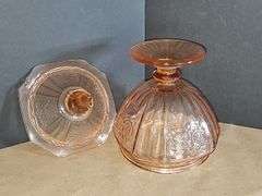 Pink depression glass candy dish