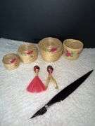 Folk art straw dolls, letter opener, & mini baskets