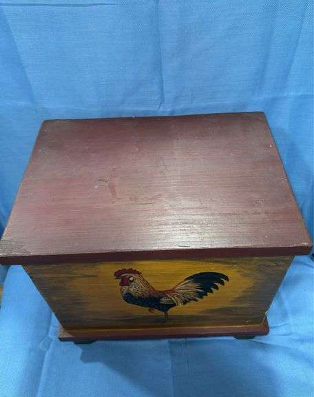 Storage box with rooster painted on front & ceramic chicken